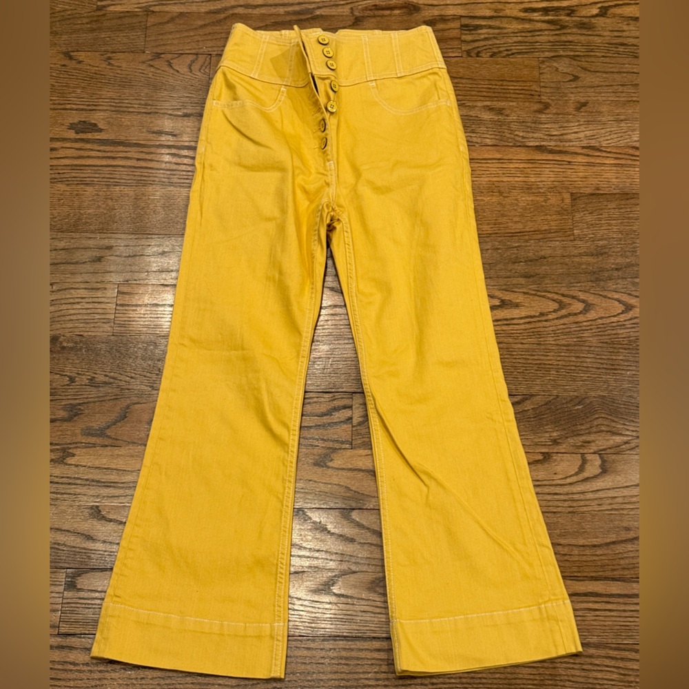 Ulla Johnson Mustard Yellow Cotton Pants Size 6 Wide Waist Button Fly